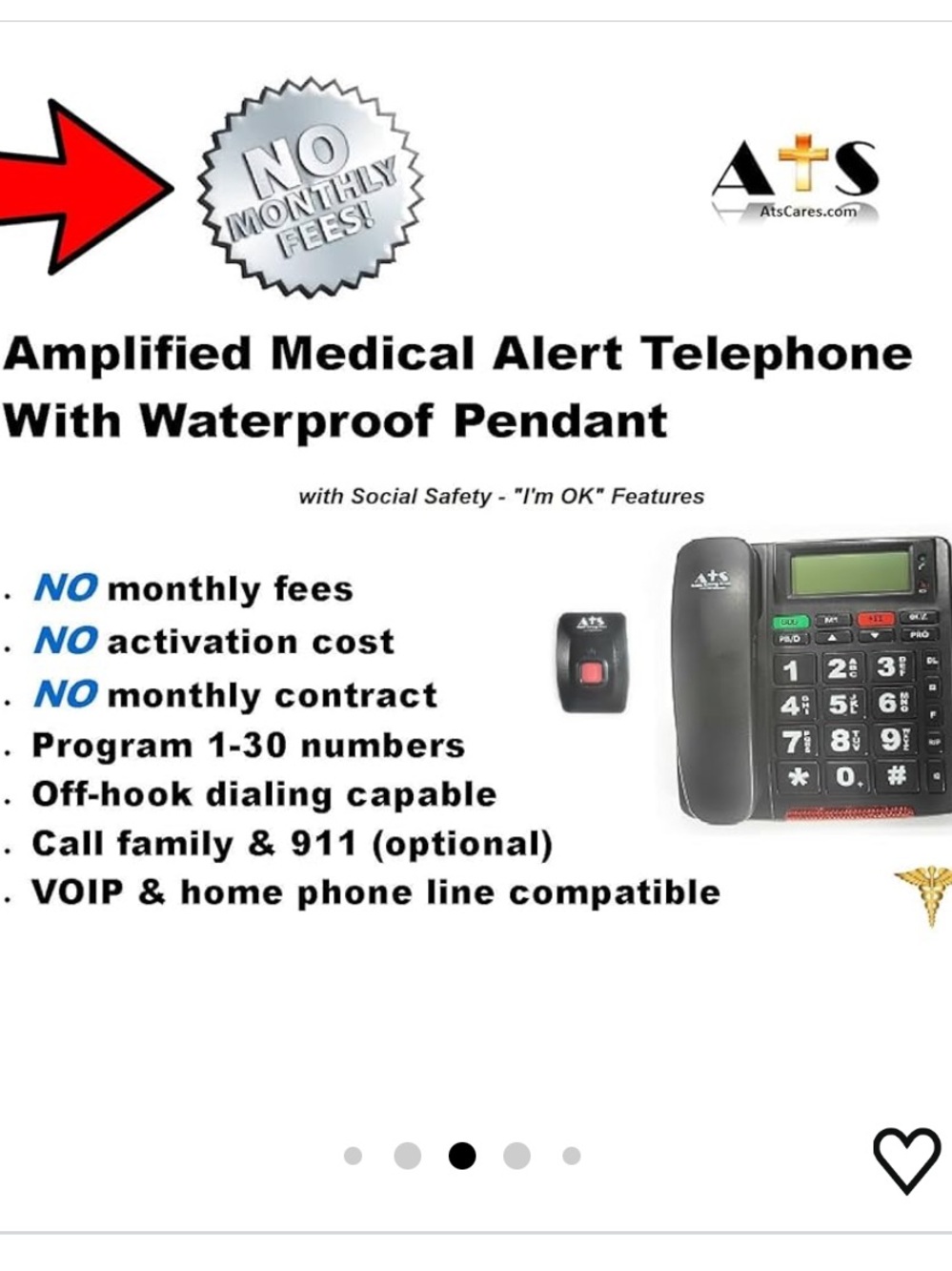 Amplified Medical Alert Telephone with Waterproof Pendant - Black/Grey